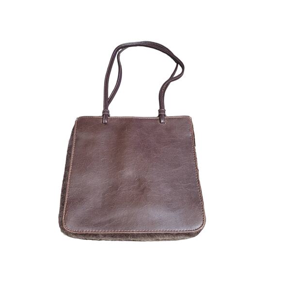 Bucket Purse Brown Faux Fur Edges 8" Height 8.5" Width - Picture 2 of 8